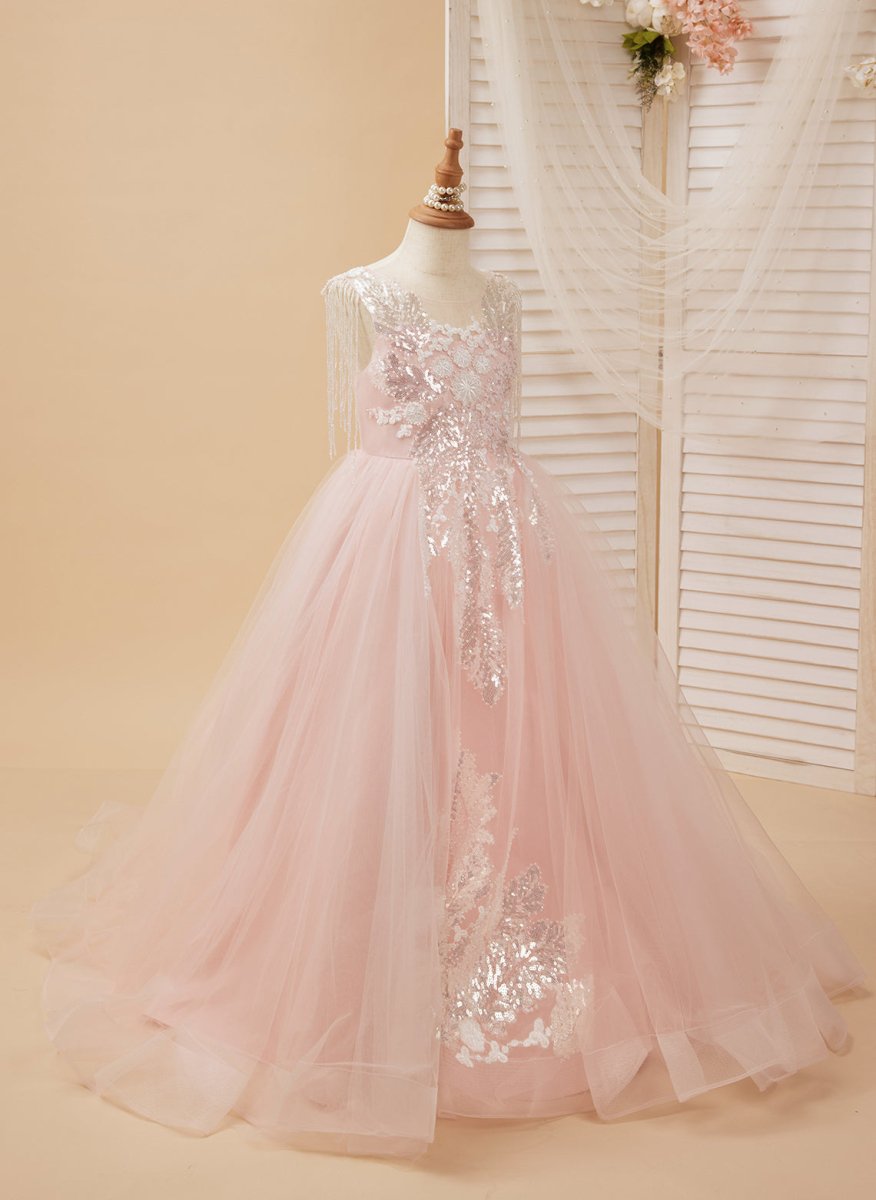 NumberSea - Ball - Gown/Princess Satin Tulle Floor - length Pink Flower Girl Dress