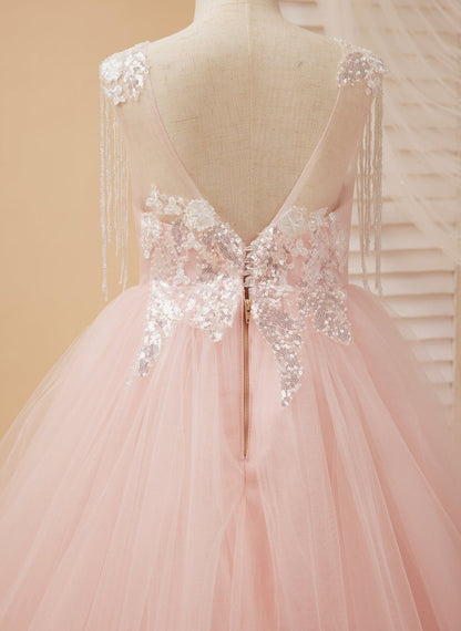 NumberSea - Ball - Gown/Princess Satin Tulle Floor - length Pink Flower Girl Dress