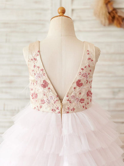 NumberSea - Ball - Gown/Princess Satin Tulle Knee - length Pink Flower Girl Dress