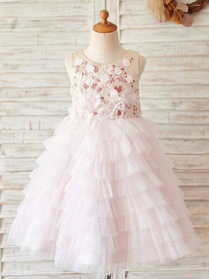 NumberSea - Ball - Gown/Princess Satin Tulle Knee - length Pink Flower Girl Dress