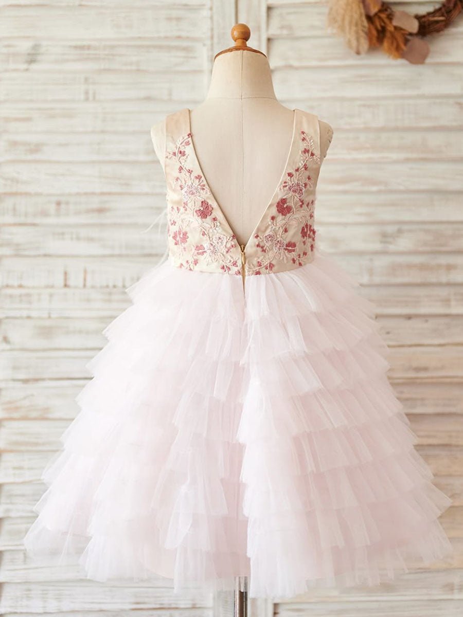 NumberSea - Ball - Gown/Princess Satin Tulle Knee - length Pink Flower Girl Dress