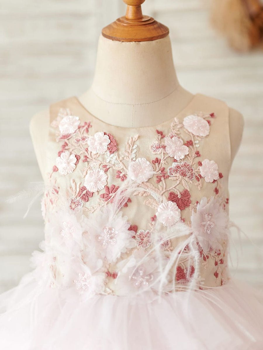 NumberSea - Ball - Gown/Princess Satin Tulle Knee - length Pink Flower Girl Dress