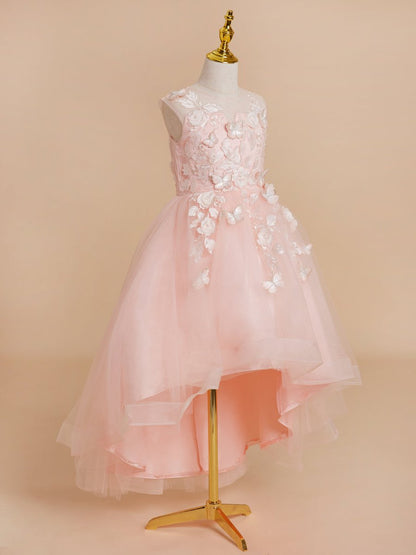 NumberSea - Ball - Gown/Princess Tulle Asymmetrical Pink Flower Girl Dress