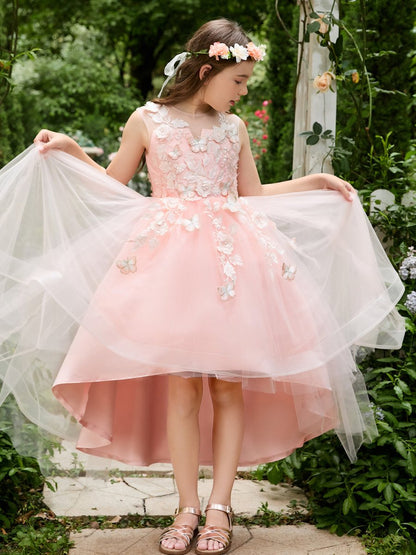 NumberSea - Ball - Gown/Princess Tulle Asymmetrical Pink Flower Girl Dress