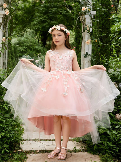 NumberSea - Ball - Gown/Princess Tulle Asymmetrical Pink Flower Girl Dress