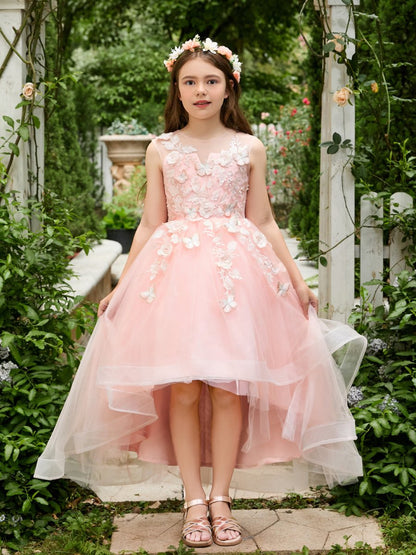 NumberSea - Ball - Gown/Princess Tulle Asymmetrical Pink Flower Girl Dress