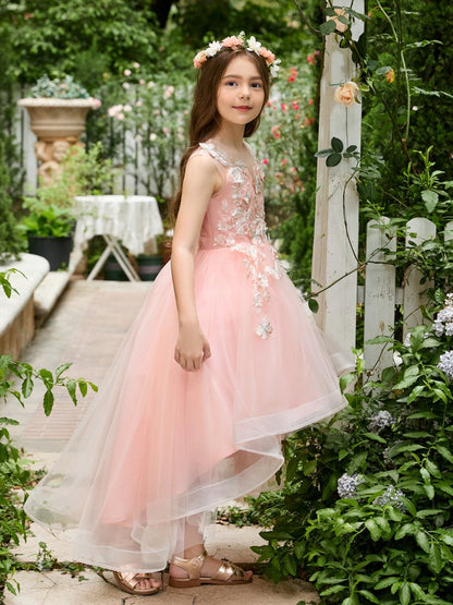 NumberSea - Ball - Gown/Princess Tulle Asymmetrical Pink Flower Girl Dress