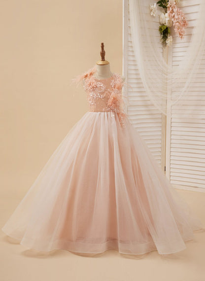 NumberSea - Ball - Gown/Princess Tulle Sweep Train Pink Flower Girl Dress