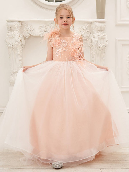 NumberSea - Ball - Gown/Princess Tulle Sweep Train Pink Flower Girl Dress