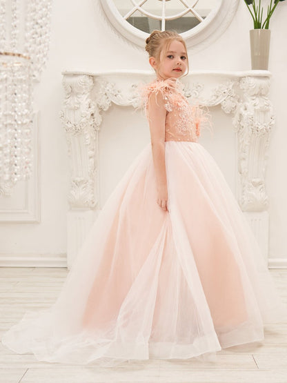 NumberSea - Ball - Gown/Princess Tulle Sweep Train Pink Flower Girl Dress