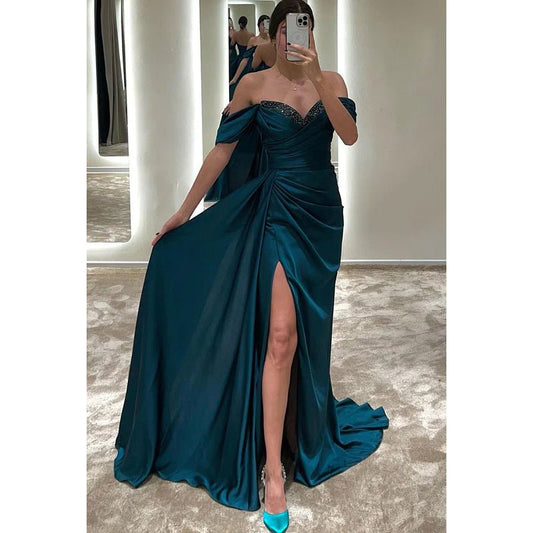 NumberSea - Bateau Off - Shoulder Beaded Ruched Satin Sheath Long Prom Evening Gown