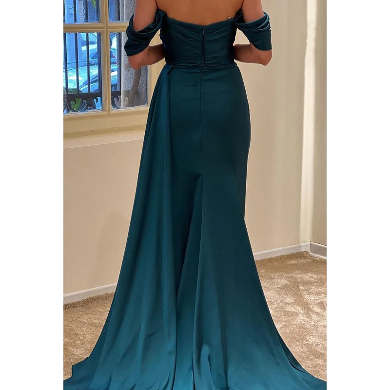 NumberSea - Bateau Off - Shoulder Beaded Ruched Satin Sheath Long Prom Evening Gown