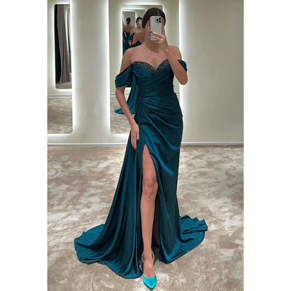 NumberSea - Bateau Off - Shoulder Beaded Ruched Satin Sheath Long Prom Evening Gown