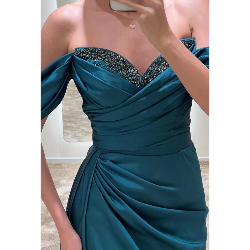 NumberSea - Bateau Off - Shoulder Beaded Ruched Satin Sheath Long Prom Evening Gown