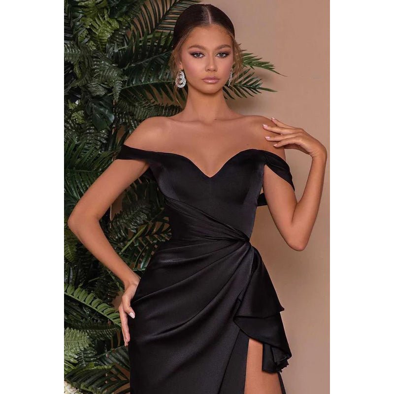 NumberSea - Bateau Off - Shoulder Ruched Satin Prom Evening Formal Dress With Slit