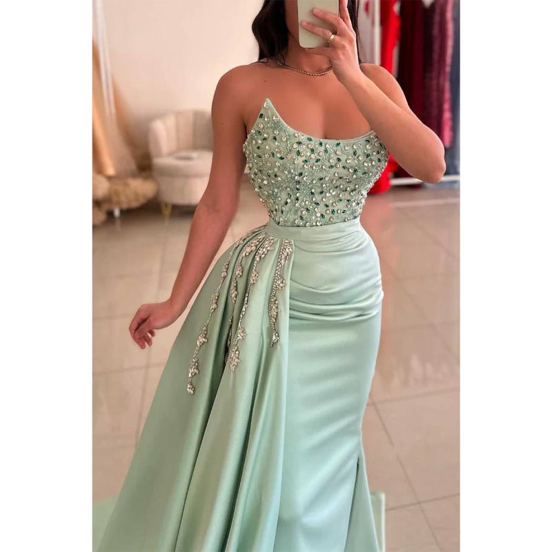 NumberSea - Bateau Strapless Beaded with Side Slit Party Prom Evening Dress