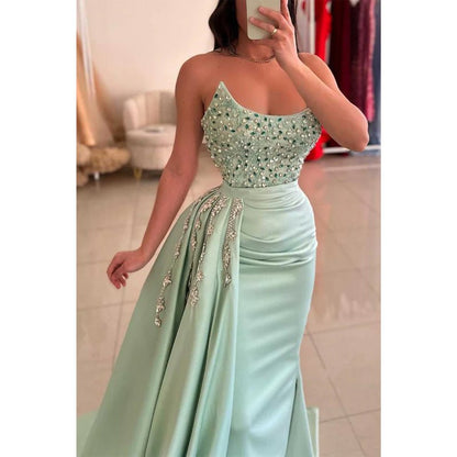 NumberSea - Bateau Strapless Beaded with Side Slit Party Prom Evening Dress