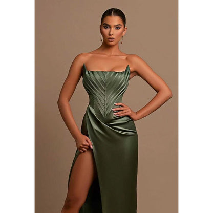 NumberSea - Bateau Strapless Ruched Sheath Long Prom Evening Dress With Slit