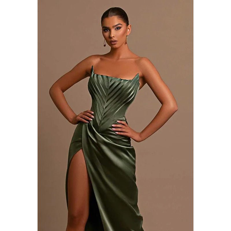 NumberSea - Bateau Strapless Ruched Sheath Long Prom Evening Dress With Slit