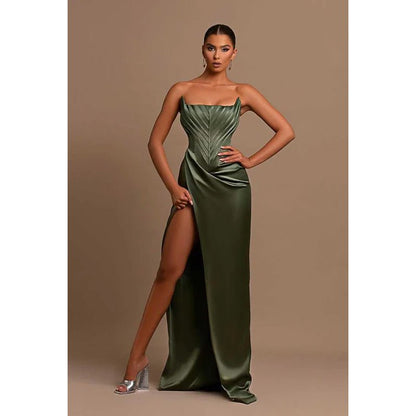 NumberSea - Bateau Strapless Ruched Sheath Long Prom Evening Dress With Slit