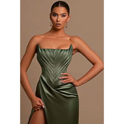 NumberSea - Bateau Strapless Ruched Sheath Long Prom Evening Dress With Slit