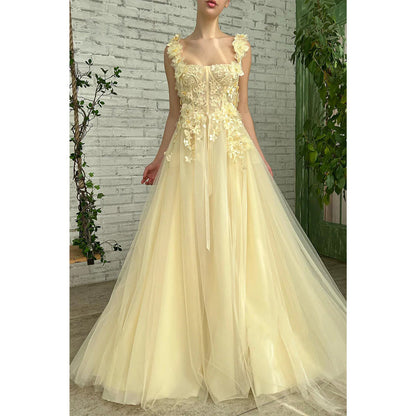 Double Straps 3d Appliques Yellow Prom Dress Long