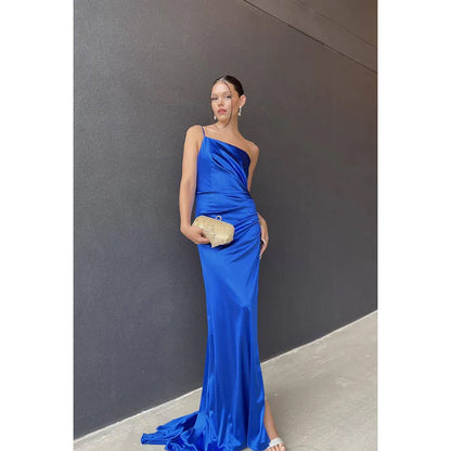 Sheath/Column One Shoulder Satin Pleats Backless Sleeveless Evening Dress