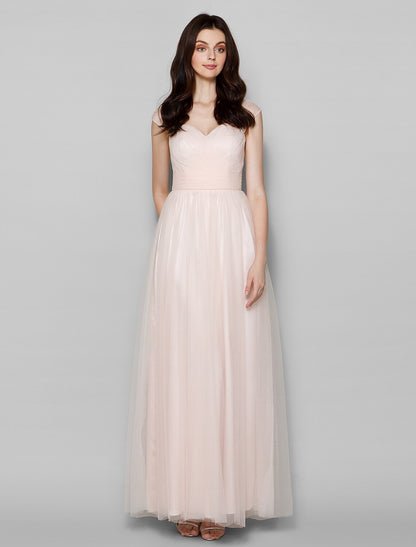 Sheath / Column Queen Anne Floor Length Tulle Bridesmaid Dress with Criss Cross