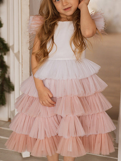 Pink Tulle Tea-Length Princess Dress with Feathered Sleeves for Flower Girls (010224240)