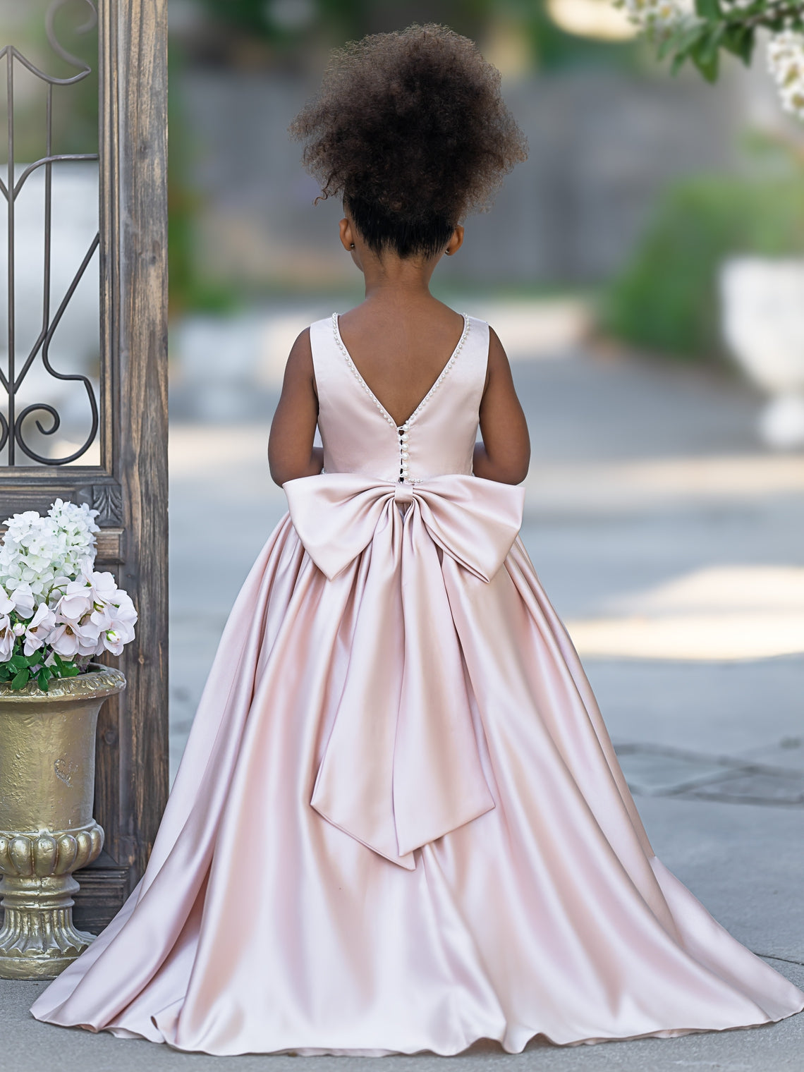 Pink Sleeveless Satin Beaded Neckline and Bow Detail Dress