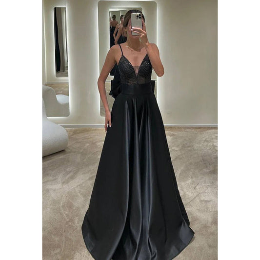 V-Neck Spaghetti Straps Sequined Satin A-Line Long Evening Dress