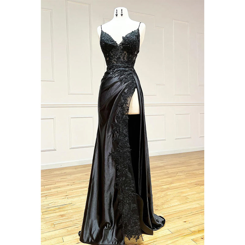 Spaghetti Straps Lace Appliques Side Slit Black Long Prom Dress