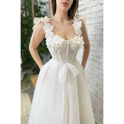 Double Straps 3d Flowers Ivory Tulle Vintage Prom Dress with Pockets