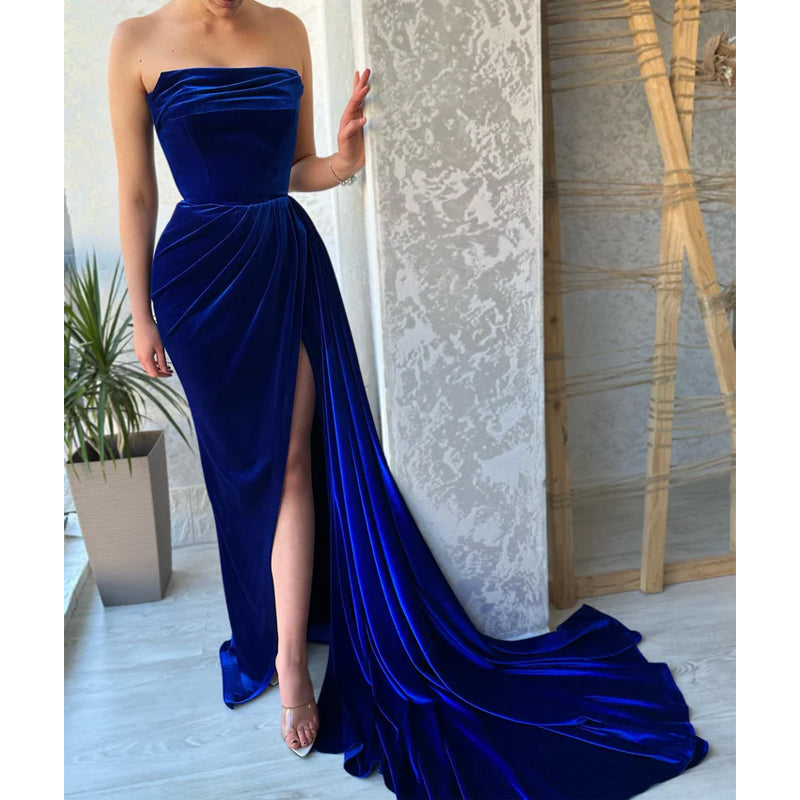 Strapless Velvet Royal Blue Pleats Split Long Prom Party Dress with Train