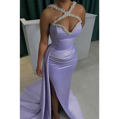 Satin Fitted Beaded Crisscross Ruched with Side Slit Party Prom Evening Dress