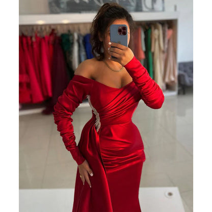 Chic & Modern Off-shoulder Red Beaded Satin Pleats Long Formal Dress with Overlay