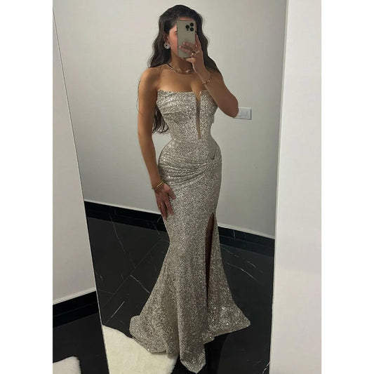 Sparkly Strapless Sheath Long Prom Dress with Split Evening Gowns