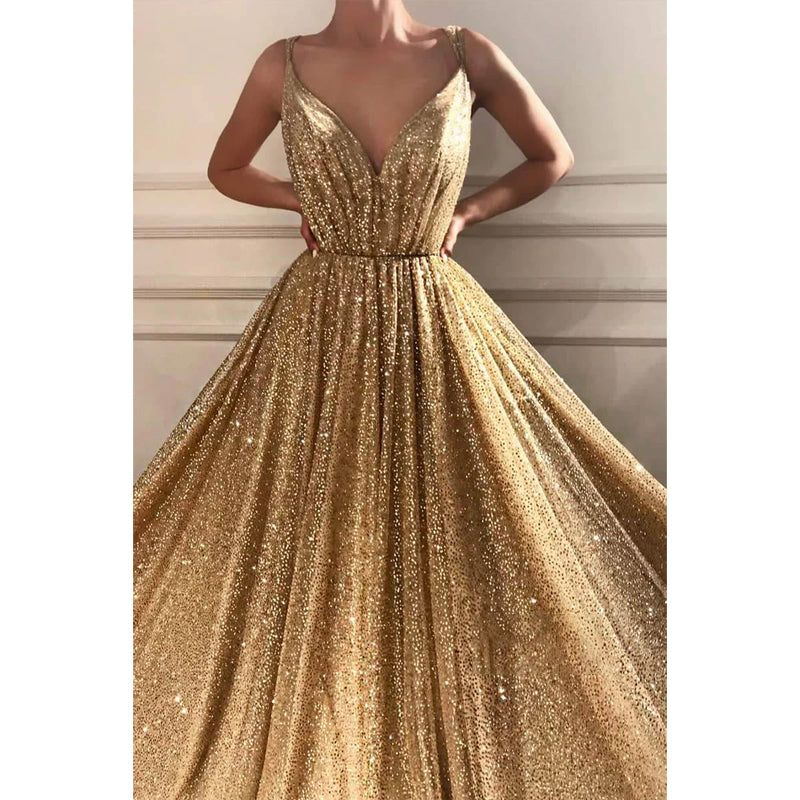 Gold Sequined A-line V-neck Spaghetti Straps Sparkle Formal Evening Dress Party Dress