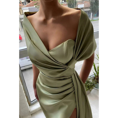 Sheath/Column V-Neck Sleeveless Ruched Satin Prom Evening Formal Dress