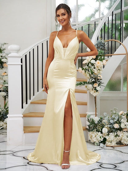 Sheath/Column Silk like Satin Ruched V-neck Sleeveless Sweep/Brush Train Bridesmaid Dresses