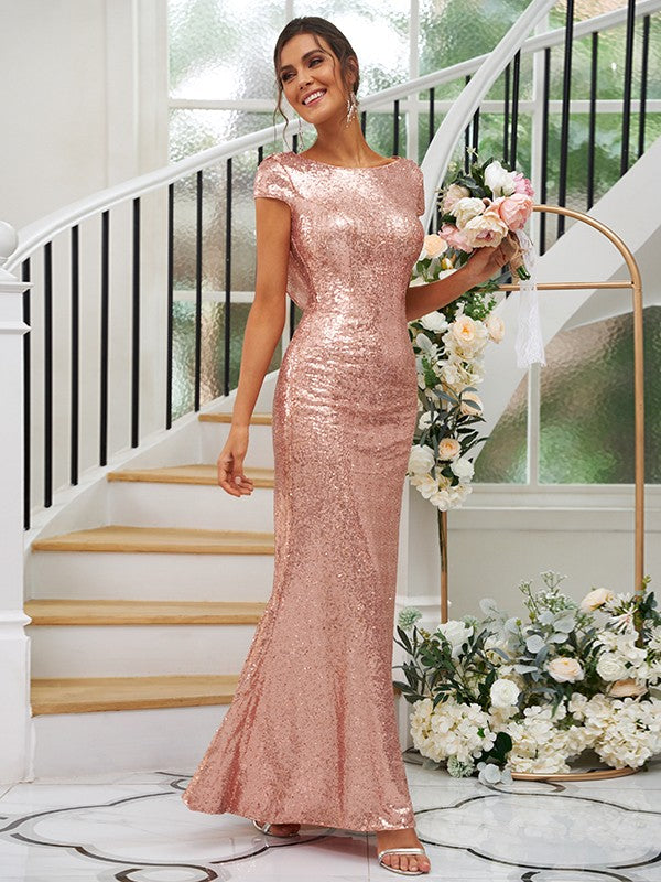 Sheath/Column Sequins Ruched Scoop Short Sleeves Floor-Length Bridesmaid Dresses