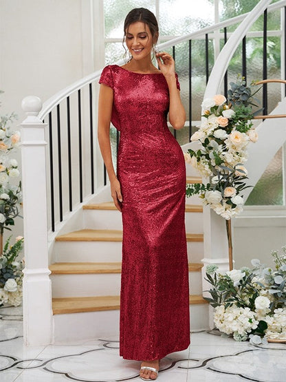 Sheath/Column Sequins Ruched Scoop Short Sleeves Floor-Length Bridesmaid Dresses