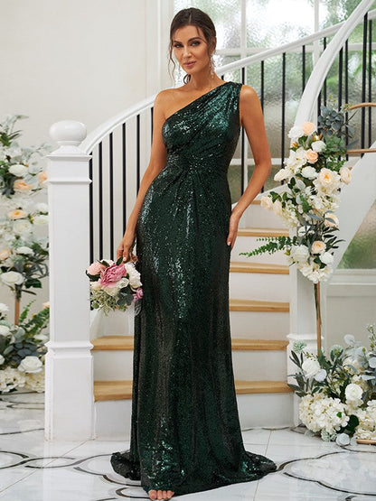 Sheath/Column Sequins Ruched One-Shoulder Sleeveless Sweep/Brush Train Bridesmaid Dresses