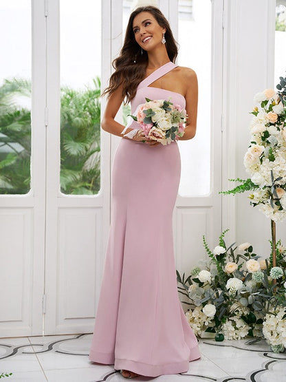 Sheath/Column Stretch Crepe Ruffles One-Shoulder Sleeveless Floor-Length Bridesmaid Dresses