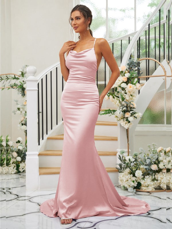 Sheath/Column Ruched Square Sleeveless Sweep/Brush Train Bridesmaid Dresses