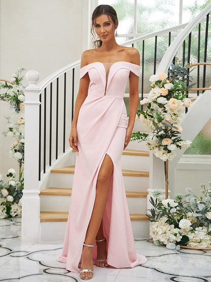 Sheath/Column Stretch Crepe Ruched Off-the-Shoulder Sleeveless Sweep/Brush Train Bridesmaid Dresses