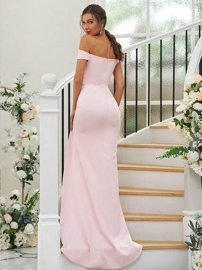 Sheath/Column Stretch Crepe Ruched Off-the-Shoulder Sleeveless Sweep/Brush Train Bridesmaid Dresses