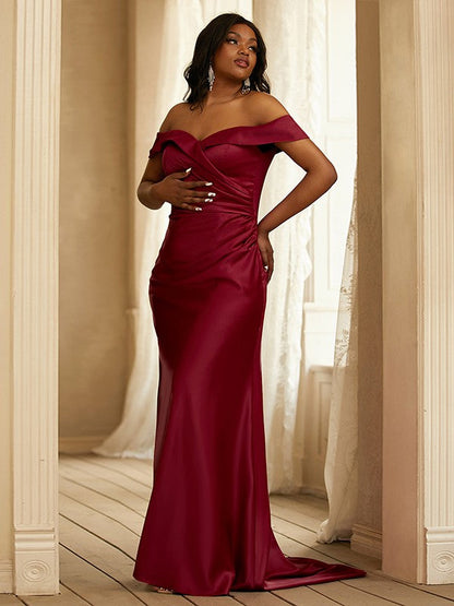 Sheath/Column Satin Ruched Off-the-Shoulder Sleeveless Sweep/Brush Train Bridesmaid Dresses