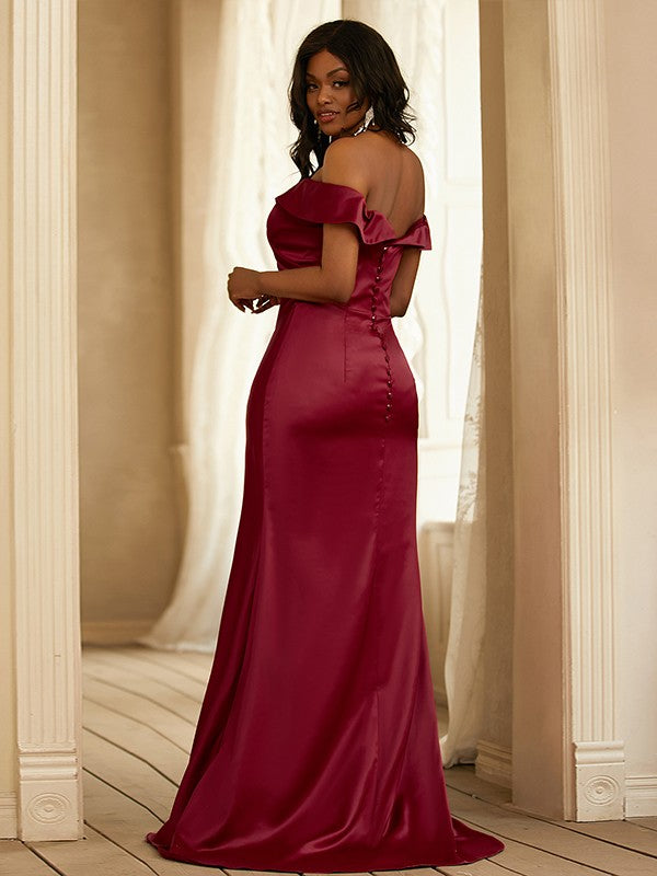 Sheath/Column Satin Ruched Off-the-Shoulder Sleeveless Sweep/Brush Train Bridesmaid Dresses