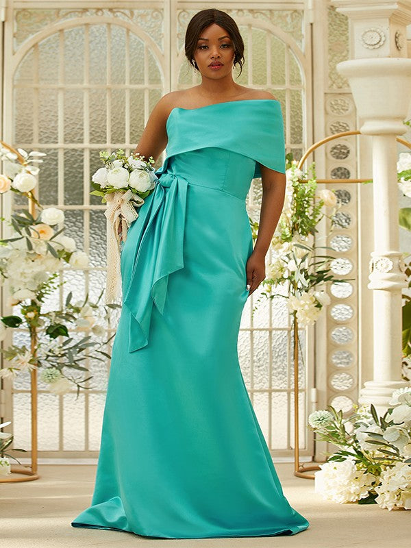 Sheath/Column Satin Ruched One-Shoulder Sleeveless Sweep/Brush Train Bridesmaid Dresses